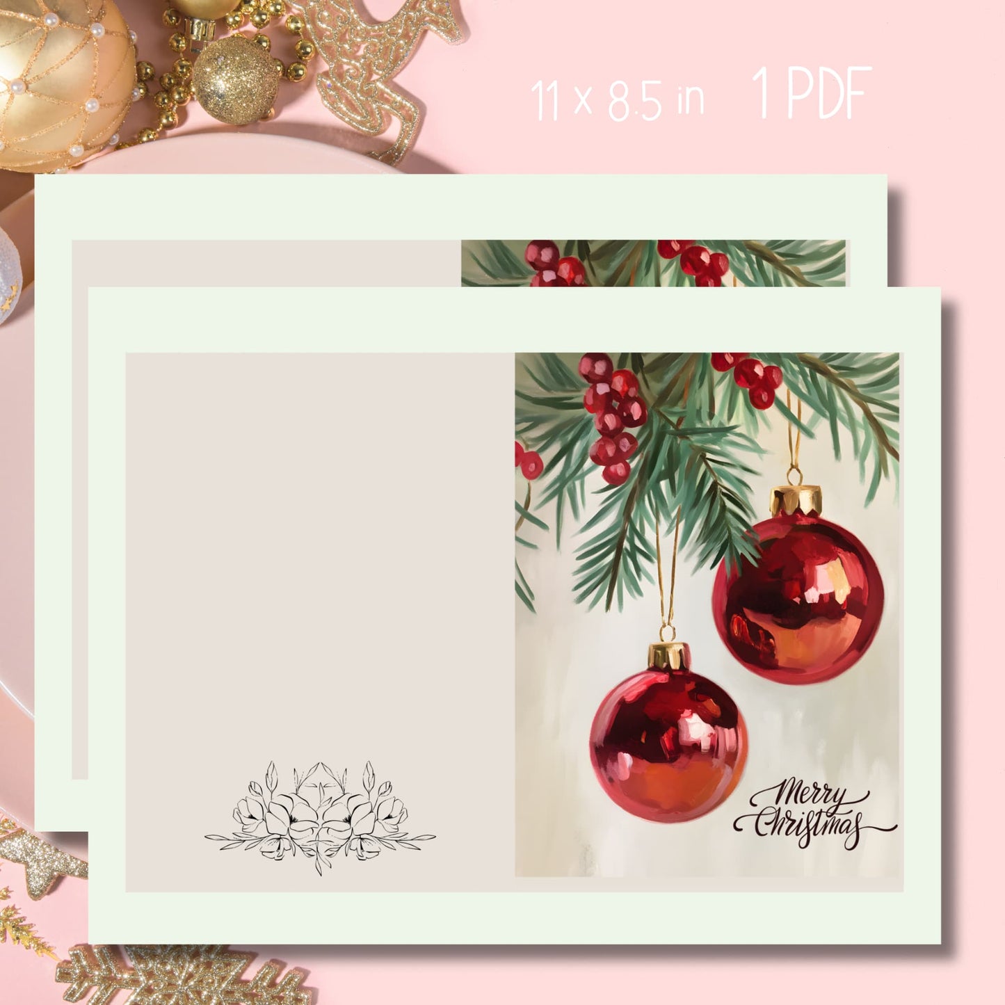 Elegant Christmas card with realistic red baubles and pine branches, floral writing space, displayed with gold decorations on pink background, 8.5x11 inch format