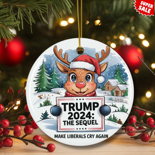 Holiday scene showing ceramic ornament on Christmas tree with warm lighting and red berry decorations. Features winter themed artwork and super sale badge in corner.