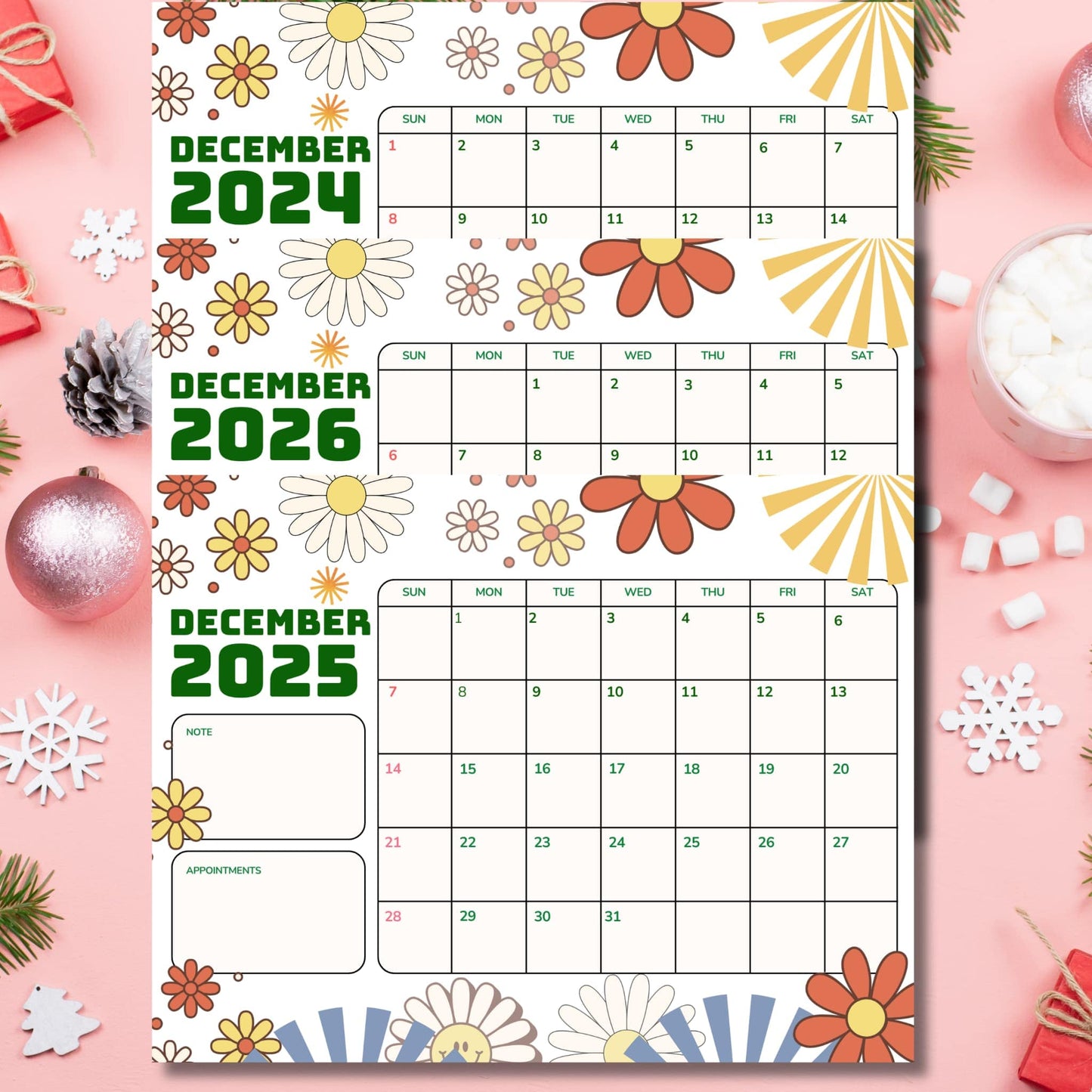 Three-year December calendar for 2024-2026 with retro flower design and note sections, displayed on pink background with holiday decorations