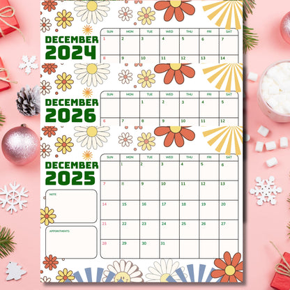 Three-year December calendar for 2024-2026 with retro flower design and note sections, displayed on pink background with holiday decorations