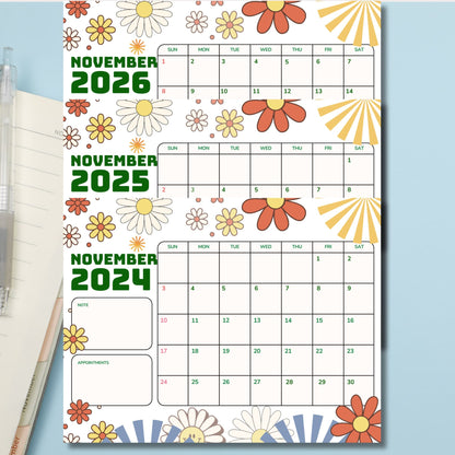 Three-year November calendar 2024-2026 with retro orange and yellow daisy design, featuring note sections and Sunday start dates on white background