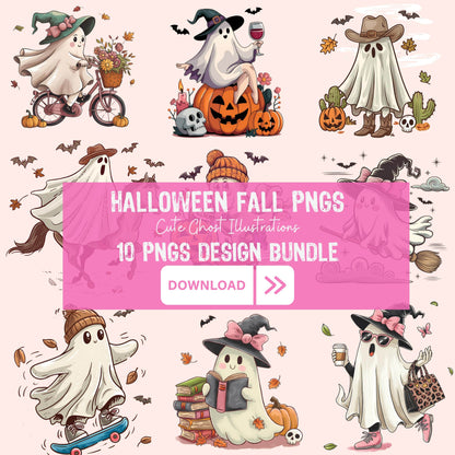 review of retro Halloween and fall-themed ghost clipart bundle with 10 unique designs on salmon background, 4090x4090px resolution