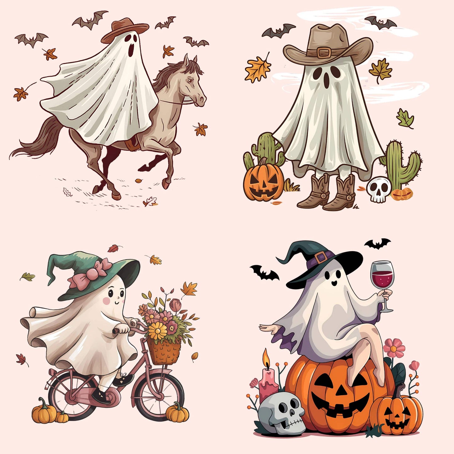 Set of four retro Halloween ghost cliparts featuring cowboy, desert ghost, flower delivery, and wine-drinking witch on salmon background