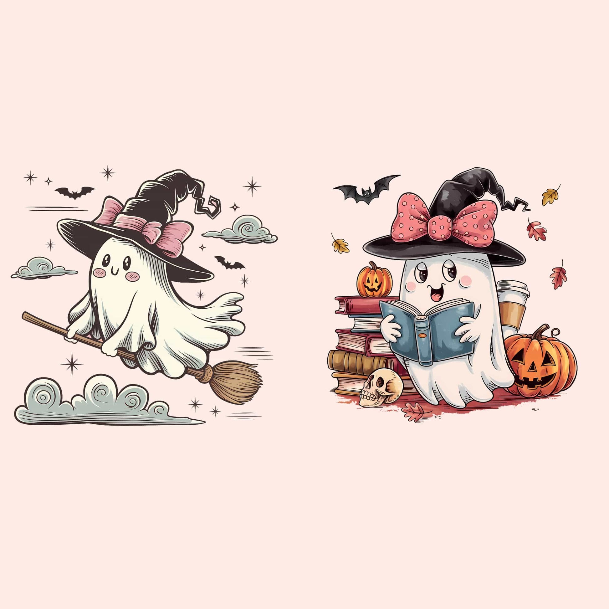 Retro-style Halloween clipart featuring cute ghosts as witch and book reader on salmon background