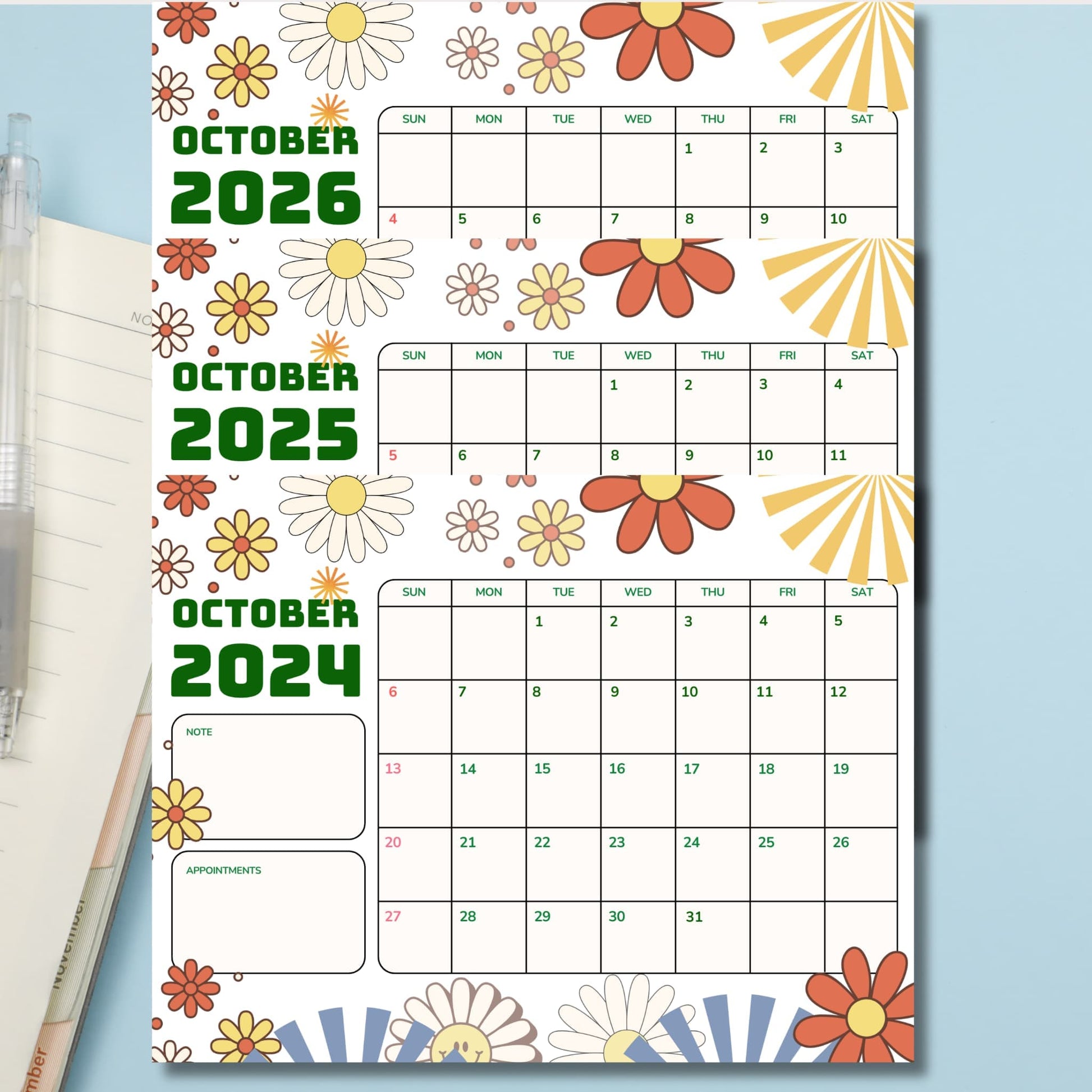 Retro-themed October 2024-2026 calendars with floral designs in brown and orange, featuring note and appointment sections.