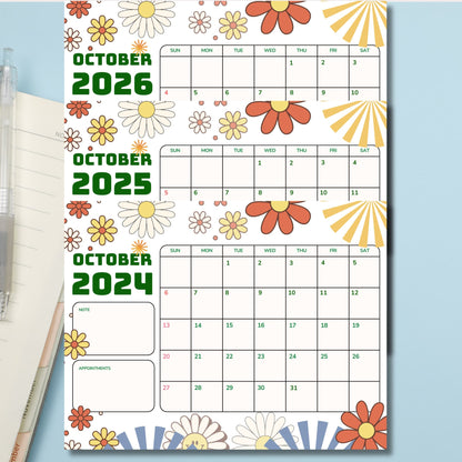 Retro-themed October 2024-2026 calendars with floral designs in brown and orange, featuring note and appointment sections.