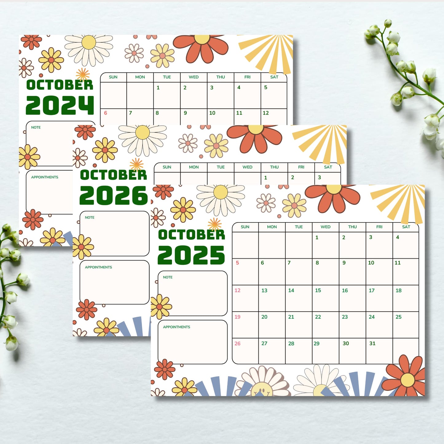 Three October calendar pages for 2024-2026 featuring brown and orange retro flower designs, displayed with white flowers.