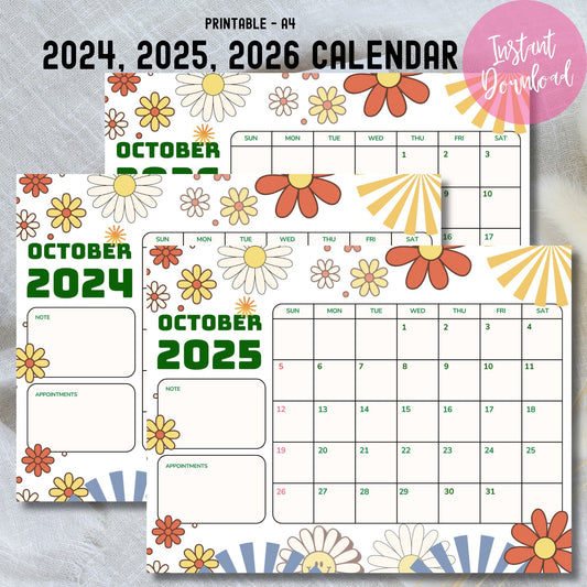 rown and orange retro-styled October 2024-2026 calendar pages with vintage flower illustrations, shown as an instant download printable A4 set.