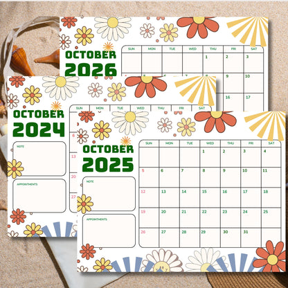 Three October calendars for 2024, 2025, and 2026 with vintage flower motifs, displayed on a sandy background.