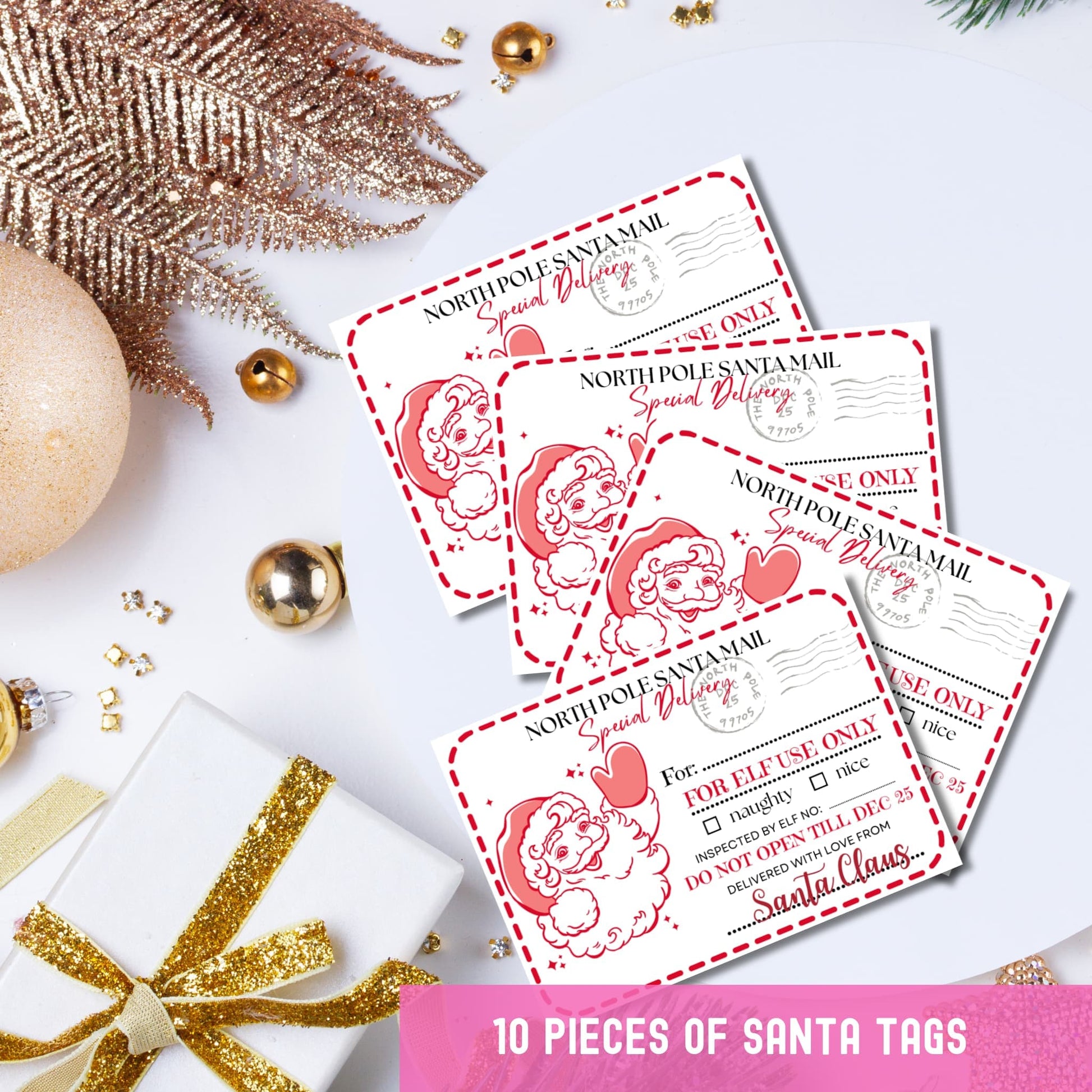 Pack of 10 vintage-style North Pole mail tags with classic Santa illustration, red accents, naughty-nice checkboxes