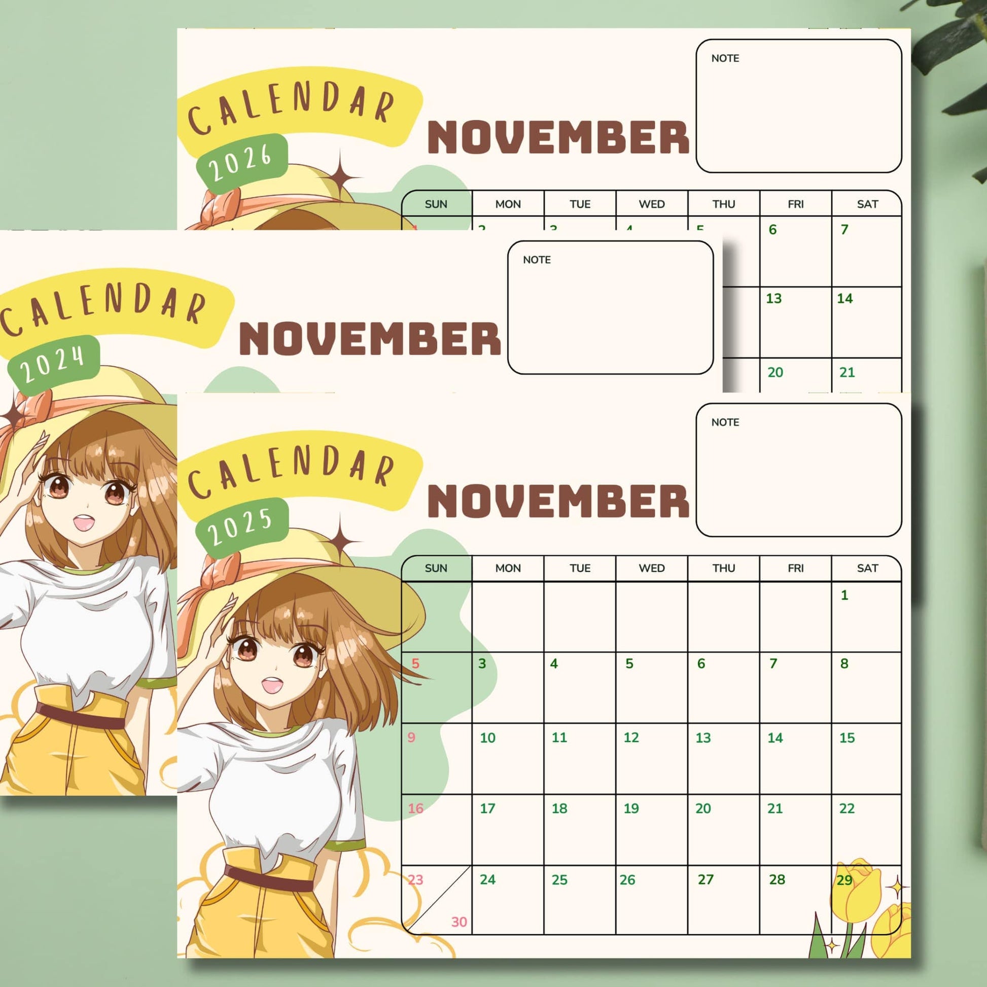 Stacked monthly calendars featuring cheerful anime girl character with brown hair and yellow outfit, styled on sage green background with tulip detail