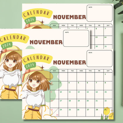 Stacked monthly calendars featuring cheerful anime girl character with brown hair and yellow outfit, styled on sage green background with tulip detail