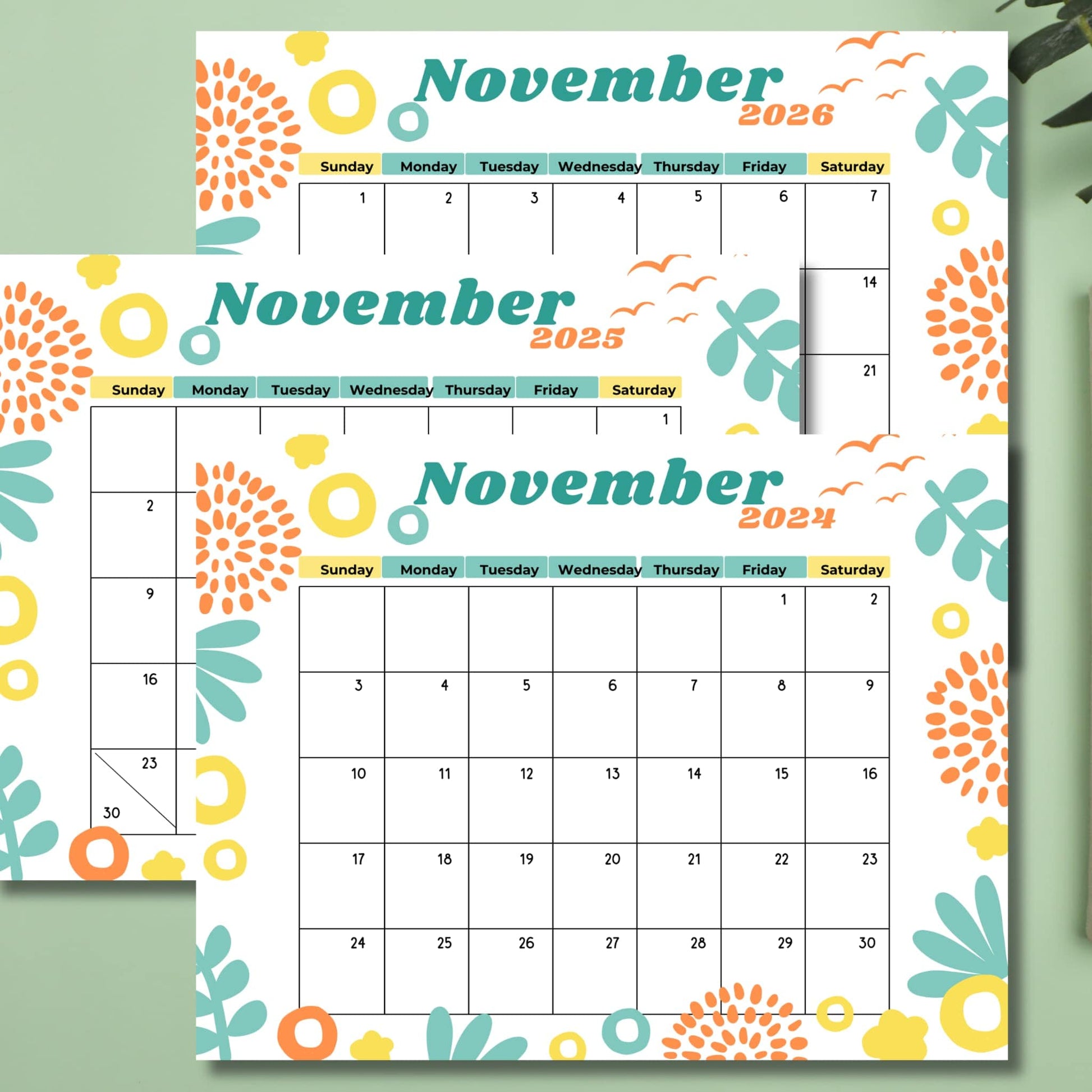 November calendar pages 2024-2026 with modern botanical elements in mint and orange, arranged on sage green background with geometric accents