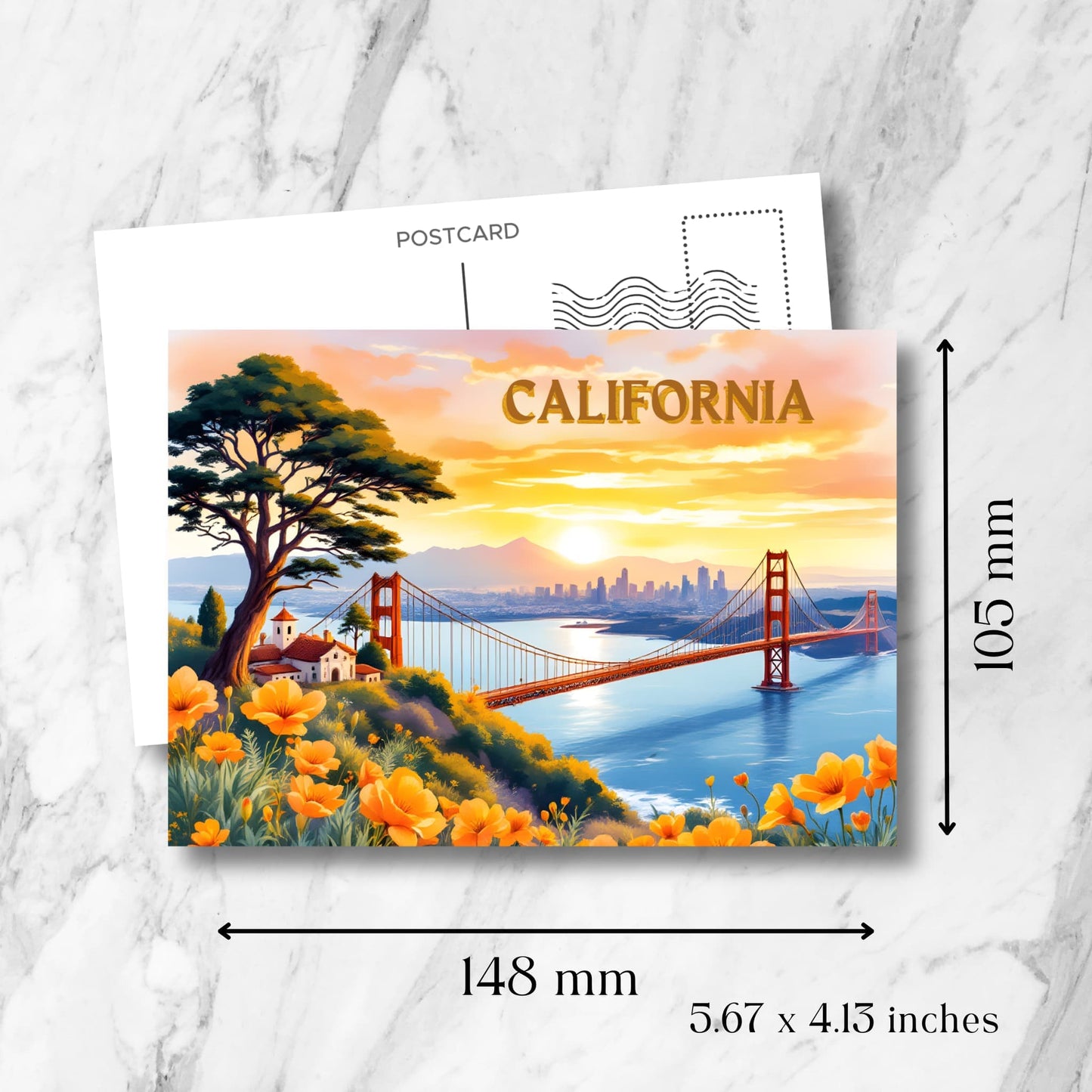 California Golden Gate Bridge postcard showing dimensions of 148x105mm (5.67x4.13 inches), featuring sunset view with mission buildings, city skyline, and California poppies with postcard formatting