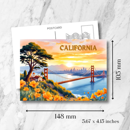 California Golden Gate Bridge postcard showing dimensions of 148x105mm (5.67x4.13 inches), featuring sunset view with mission buildings, city skyline, and California poppies with postcard formatting