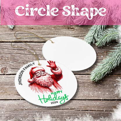 White ceramic circle ornament with red Santa illustration waving, personalized with Jhonson Family name and Happy Holidays 2024 message.