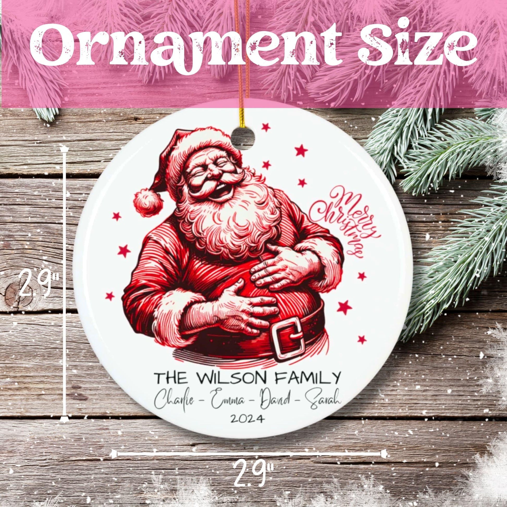 Size measurement display showing 2.9-inch diameter of circular ceramic Santa ornament with festive pine needle accents