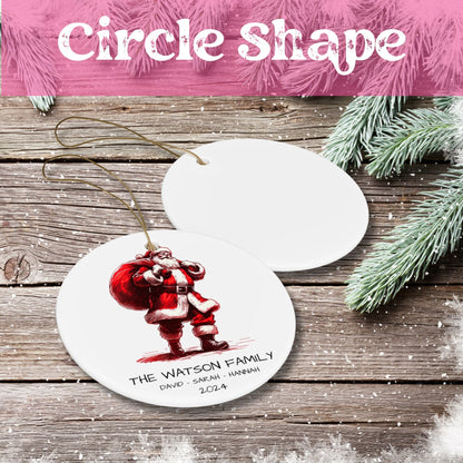 White ceramic circle ornament featuring red Santa carrying gift bag illustration, personalized with Watson Family and three names on rustic wood background