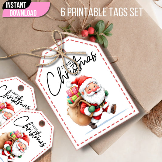 Christmas gift tag featuring jolly Santa with colorful presents and red stitched border, styled with jute twine bow and holly berries on kraft paper, instant download banner