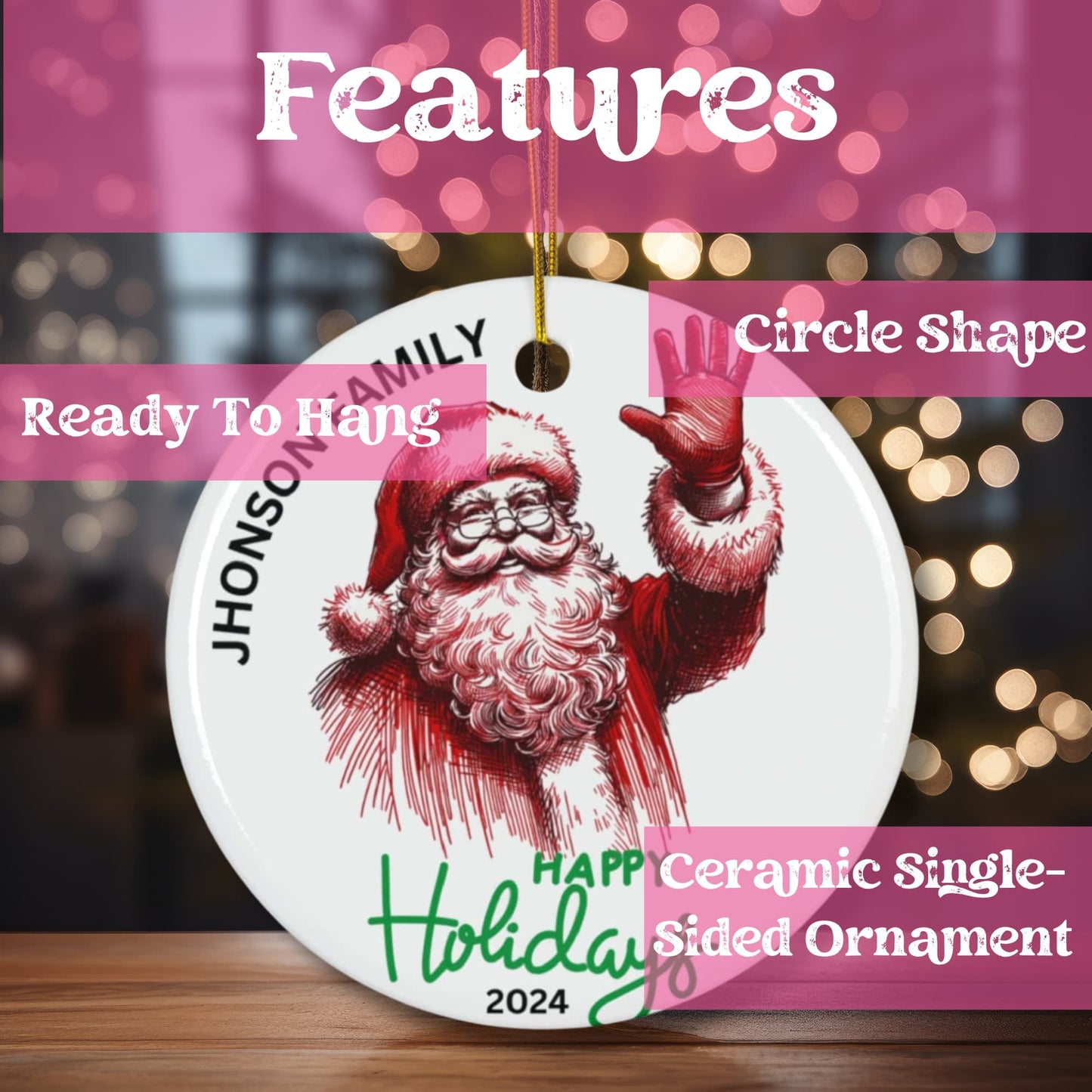 Product features showcase of ceramic circle ornament highlighting ready-to-hang design and single-sided printing against bokeh lights.