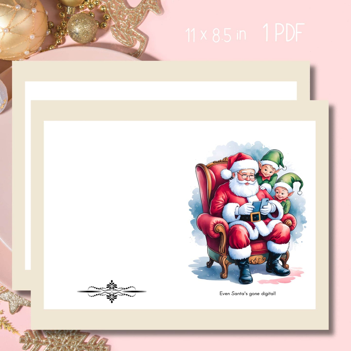 Free 8.5x11 printable humorous Christmas card with Santa using digital device while elves peek, decorative black divider, contemporary holiday message, cuts to 5x7 size