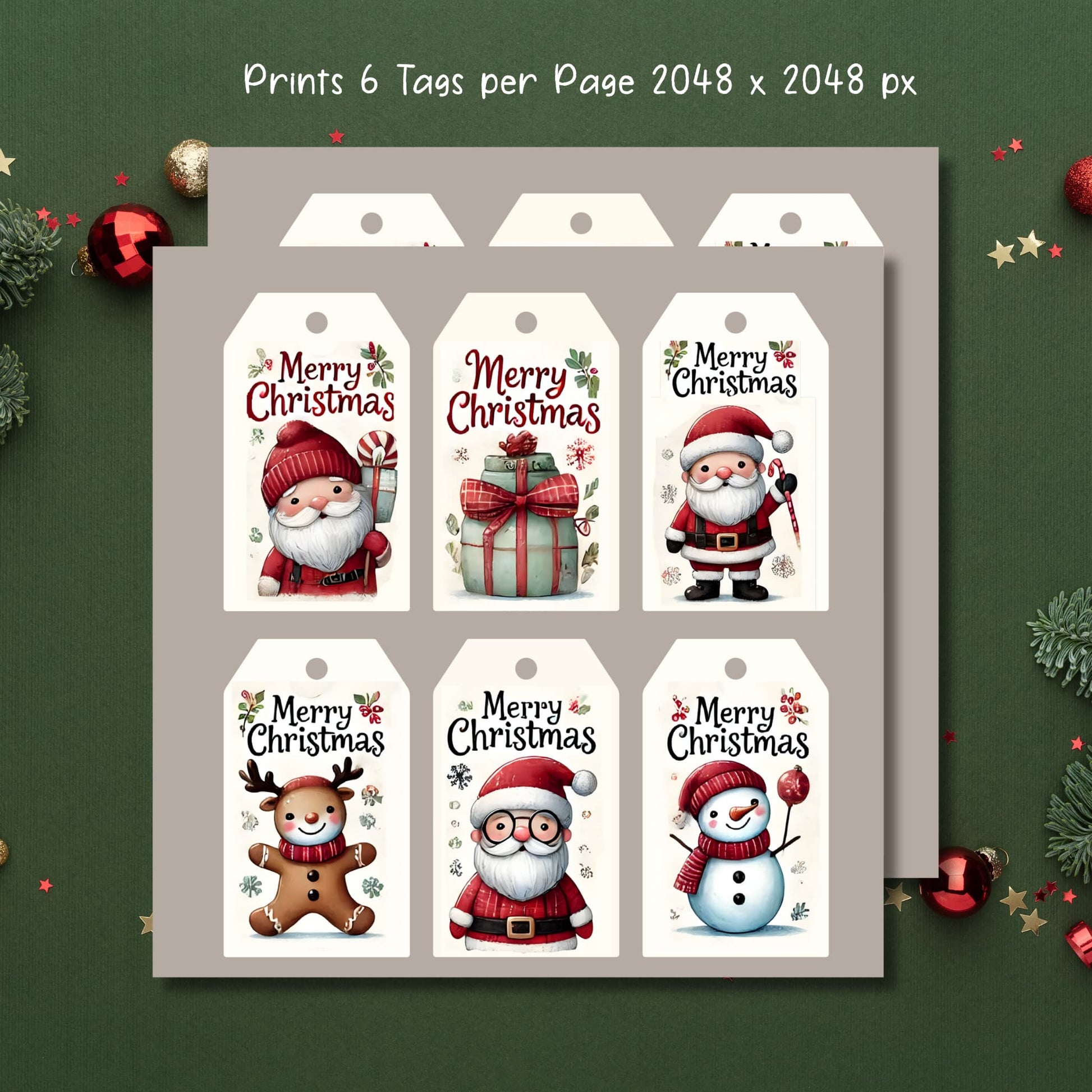 Set of six festive Christmas gift tags featuring cute Santa Claus, wrapped present, gingerbread reindeer, and snowman illustrations on beige background with holiday decorations, 2048x2048px resolution