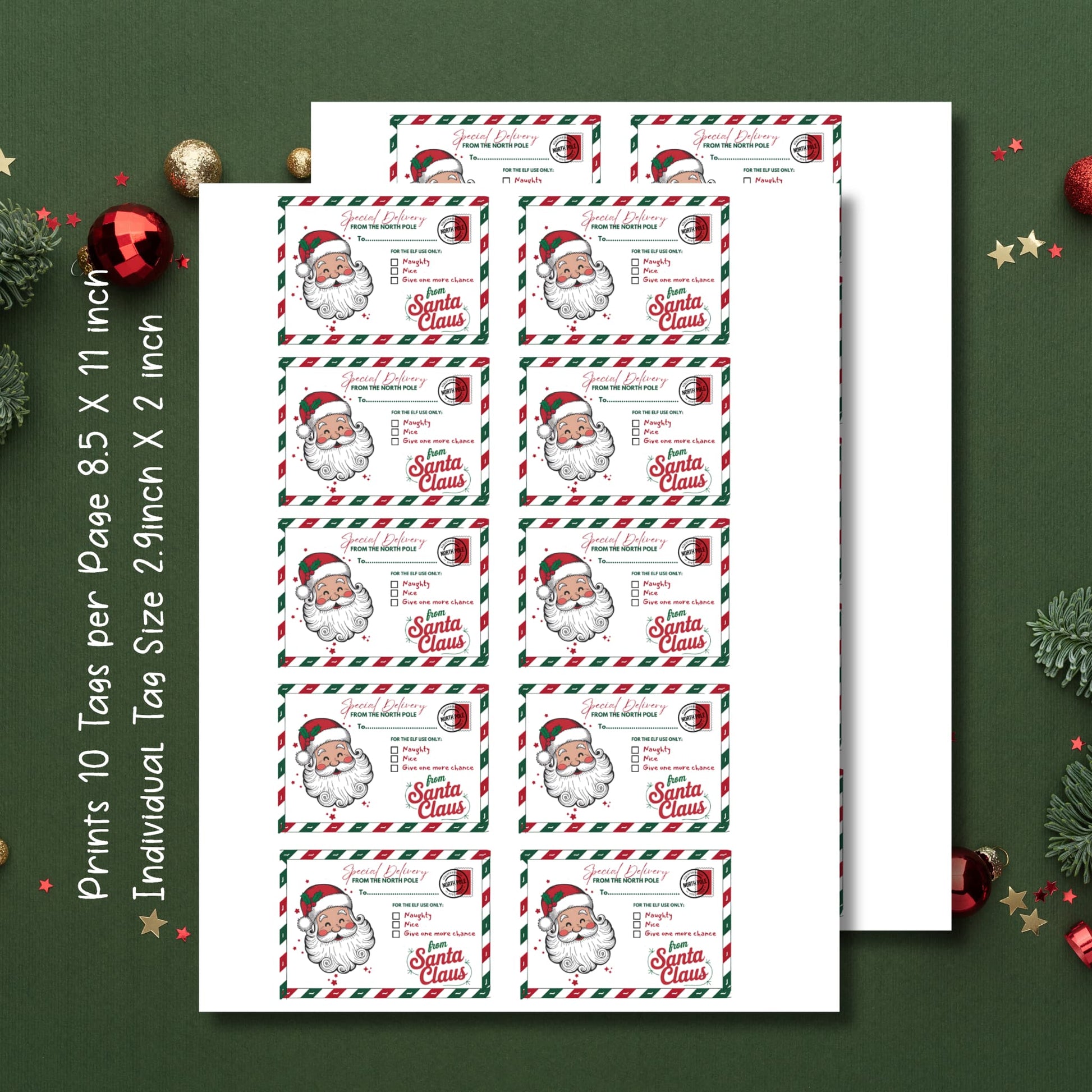 Complete 8.5 x 11 inch printable sheet showing 10 Santa Special Delivery tags layout on white paper, with size specifications and green festive border decoration