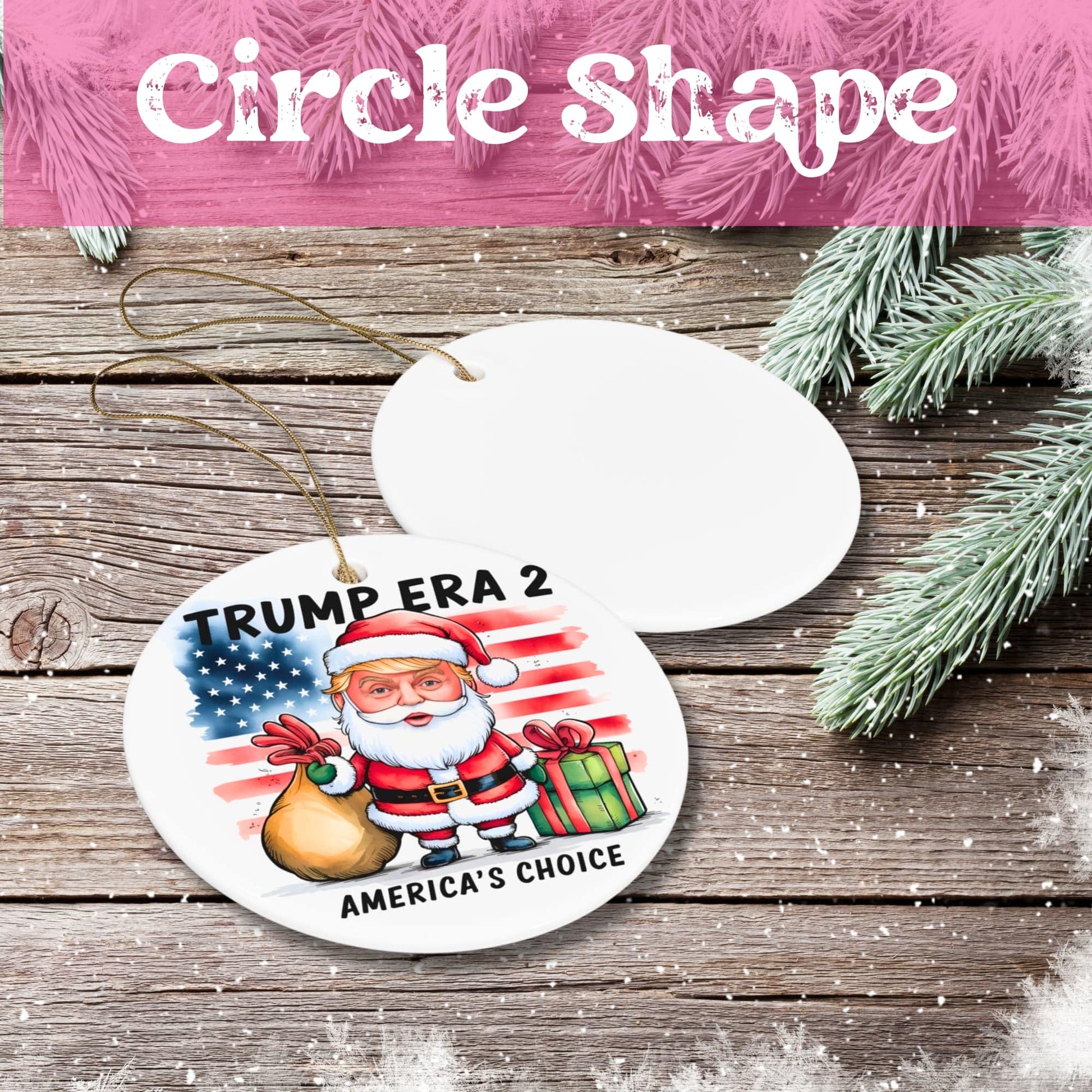 White ceramic circle ornament featuring Santa-styled design with USA flag background, gift bag and present. Shown on rustic wooden surface with pine needles. Double-sided display with hanging string.