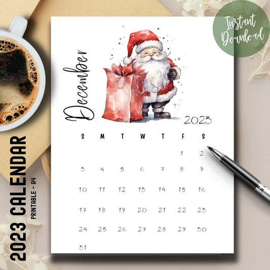 December 2023 printable calendar with a heartwarming Santa illustration, styled on a desk with a cup of coffee and pen, embodying a cozy planning atmosphere