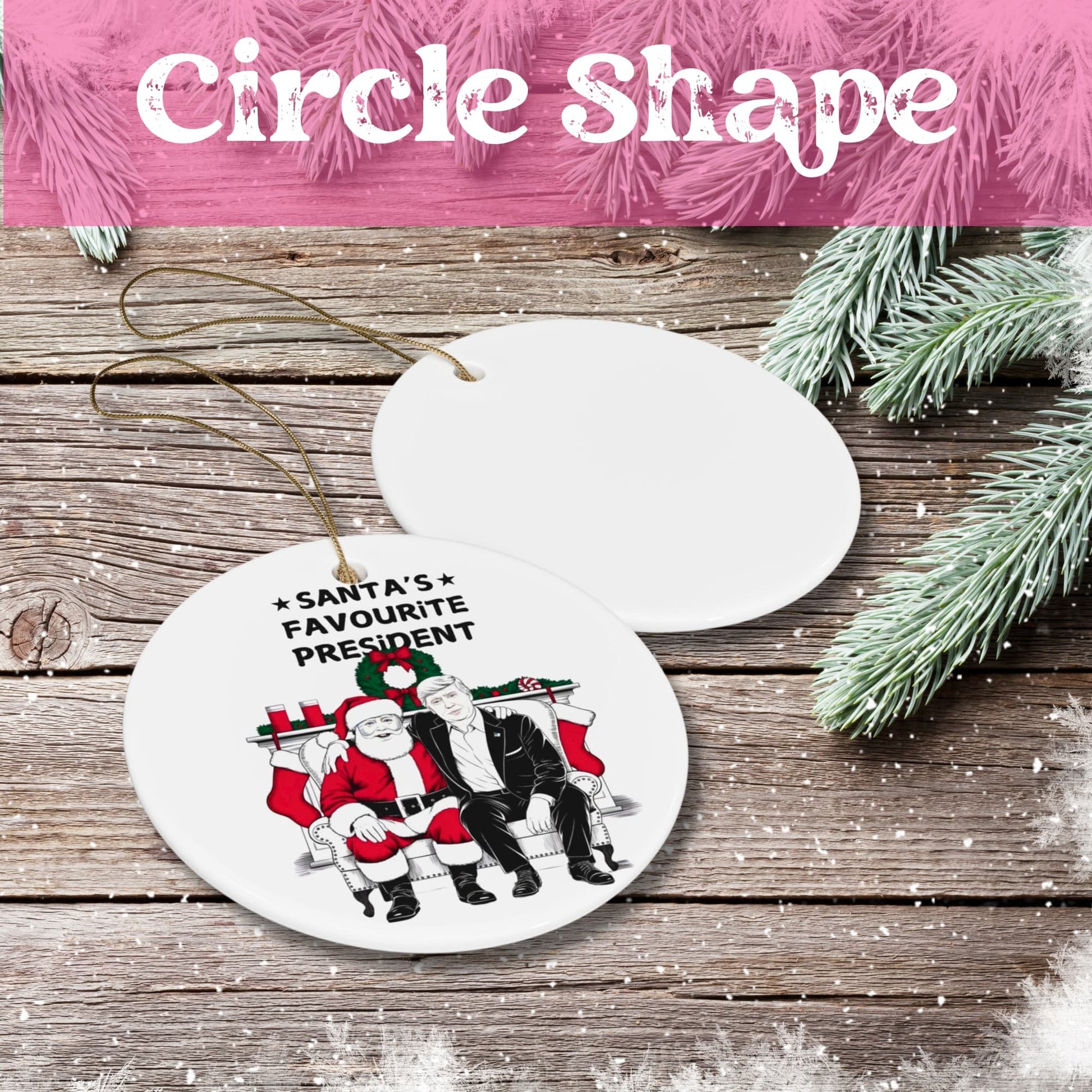 White ceramic circle ornament featuring Santa Claus and a man in suit sitting on couch with Christmas decor, displayed on rustic wood background with pine branches.