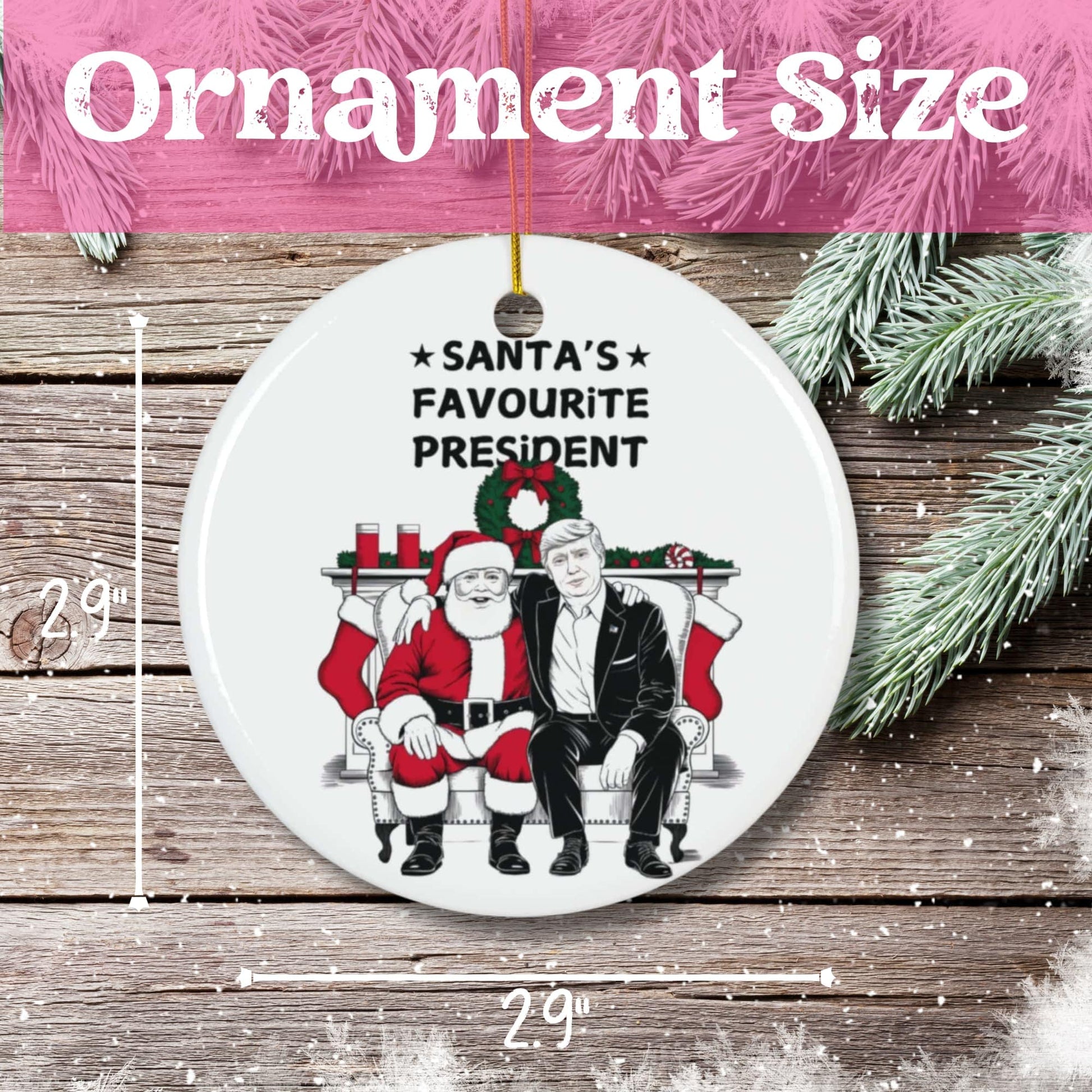 Size demonstration of 2.9-inch diameter ceramic Christmas ornament with Santa and presidential figure design, measurement overlay on wooden background.