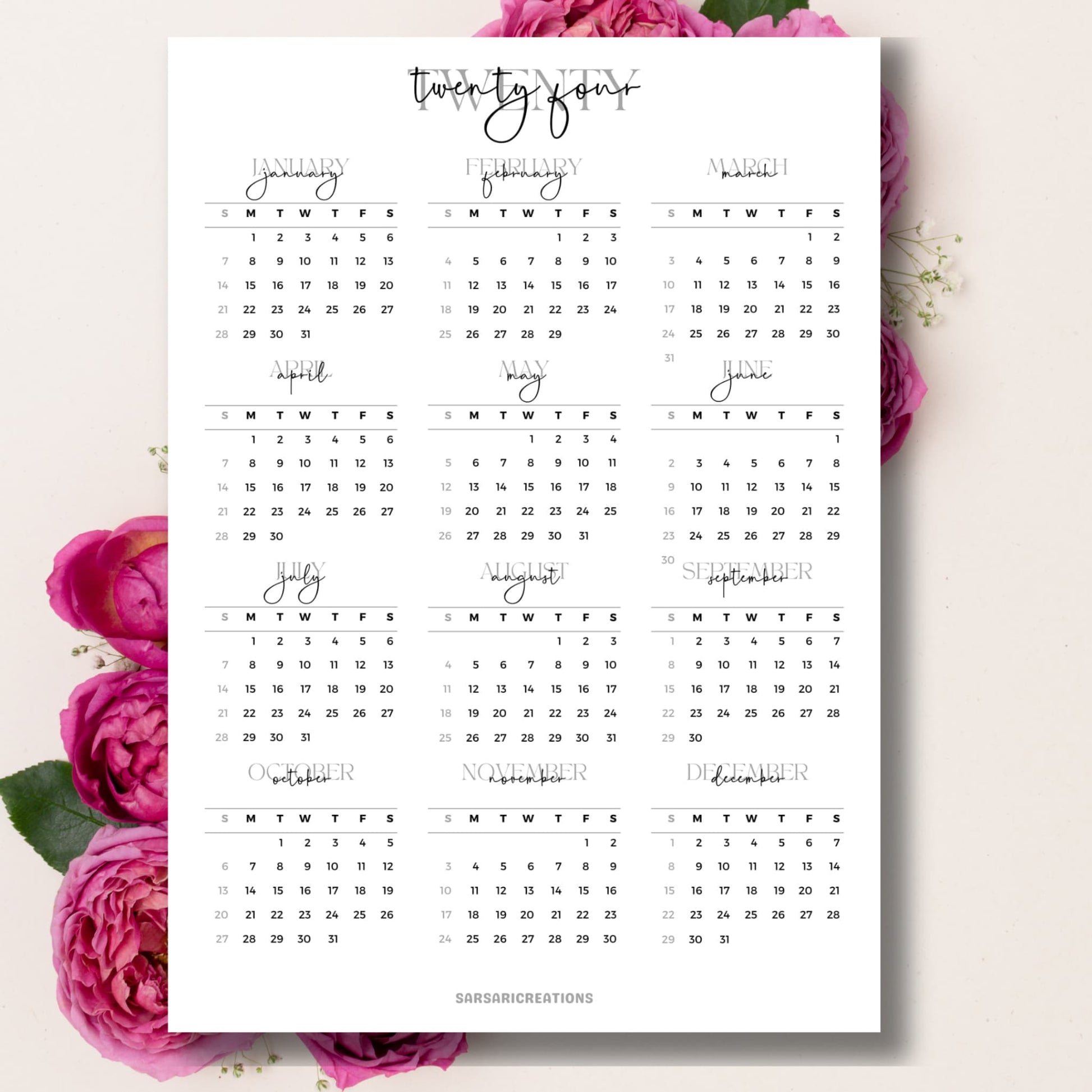 Script font style 2024 calendar page on beige background with pink peonies.