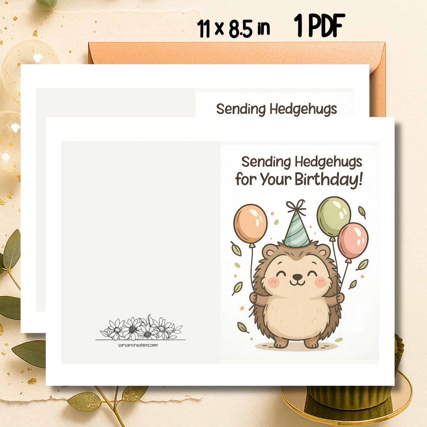 Sending Hedgehugs cute hedgehog birthday card with balloons and party hat on natural leaf background