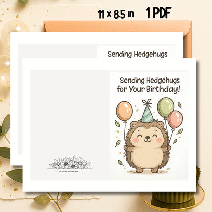 Sending Hedgehugs cute hedgehog birthday card with balloons and party hat on natural leaf background