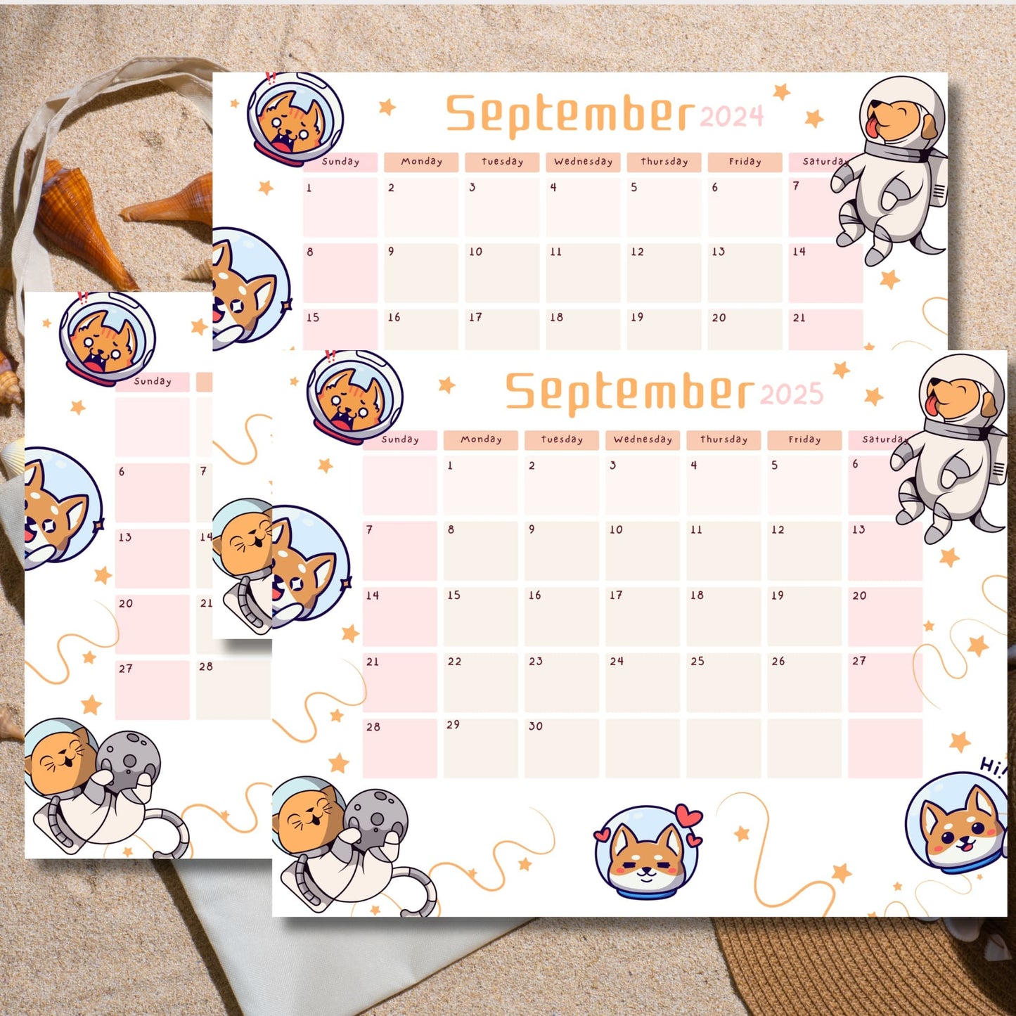 eptember 2024 and 2025 calendars with colorful floral design. Displayed on sandy beach with seashells and tote bag, emphasizing summer theme.