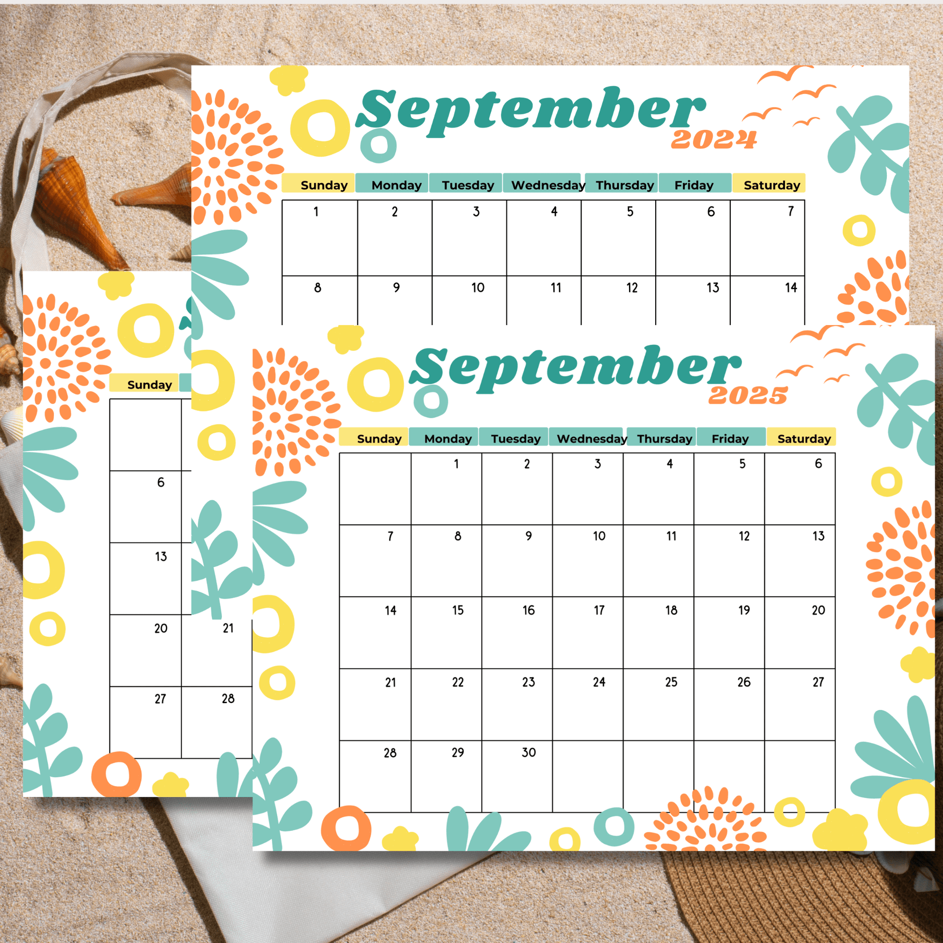 September 2024 and 2025 calendars with colorful floral design. Displayed on sandy beach with seashells and tote bag, emphasizing summer theme.