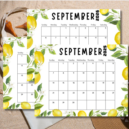 Lemon-themed September calendars on sandy beach background. Tote bag and seashells visible, showcasing calendar's summer appeal.