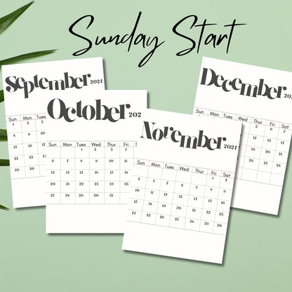 September, October, November, December 2024 printed calendar against green background with Sunday start heading