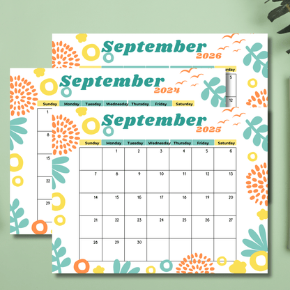 Three September calendars for 2024, 2025, and 2026. Cheerful design with teal, orange, and yellow floral motifs. Displayed on light green background.