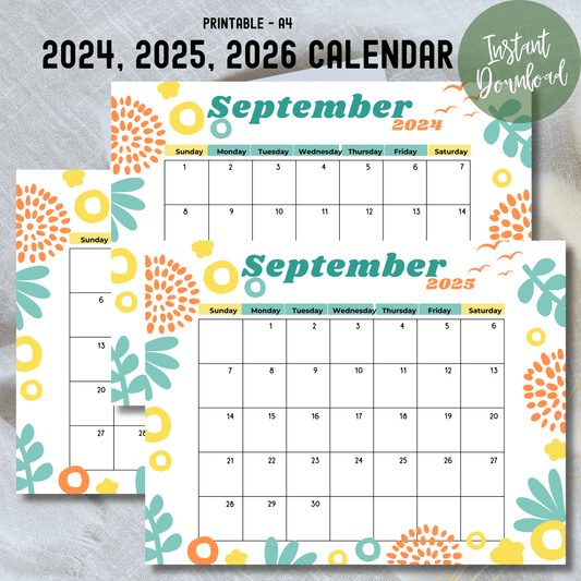 rintable A4 calendars for 2024-2026, featuring September with cheerful floral design. 'Instant Download' highlighted in green circle. Sample months shown.