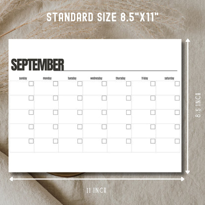 September printable planner showing standard 8.5x11 inch letter size with dimension arrows