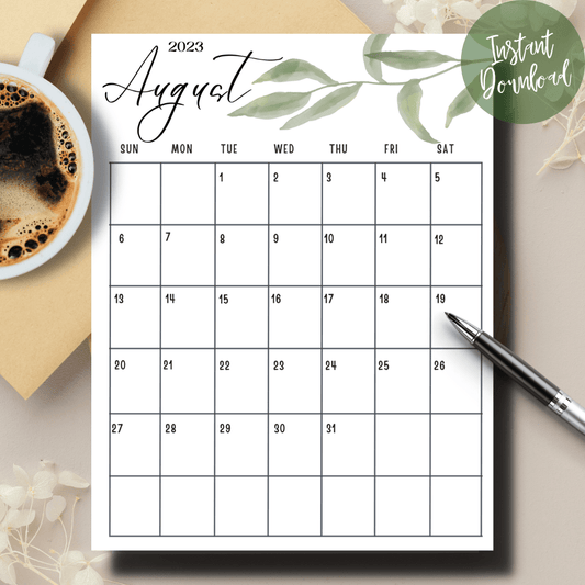 Printed August 2023 Calendar on a4 sheet with coffee cup on left and pen on right