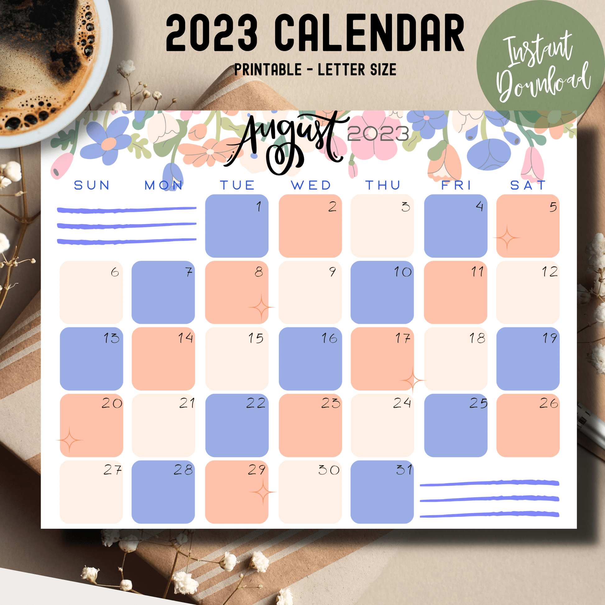 free August 2023 calendar in A4 size, adorned with delicate floral designs, suitable for planners and Good Notes