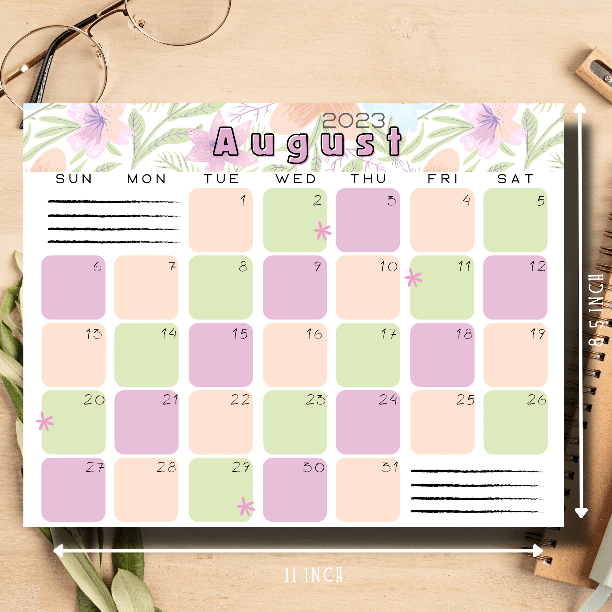 A4-sized August 2023 calendar adorned with vintage floral designs, ideal for children's study spaces and school planning with size description.