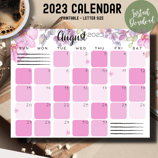 Letter-sized sheet laid out on a table, displaying a pink floral August 2023 calendar tailored for kids' school schedules