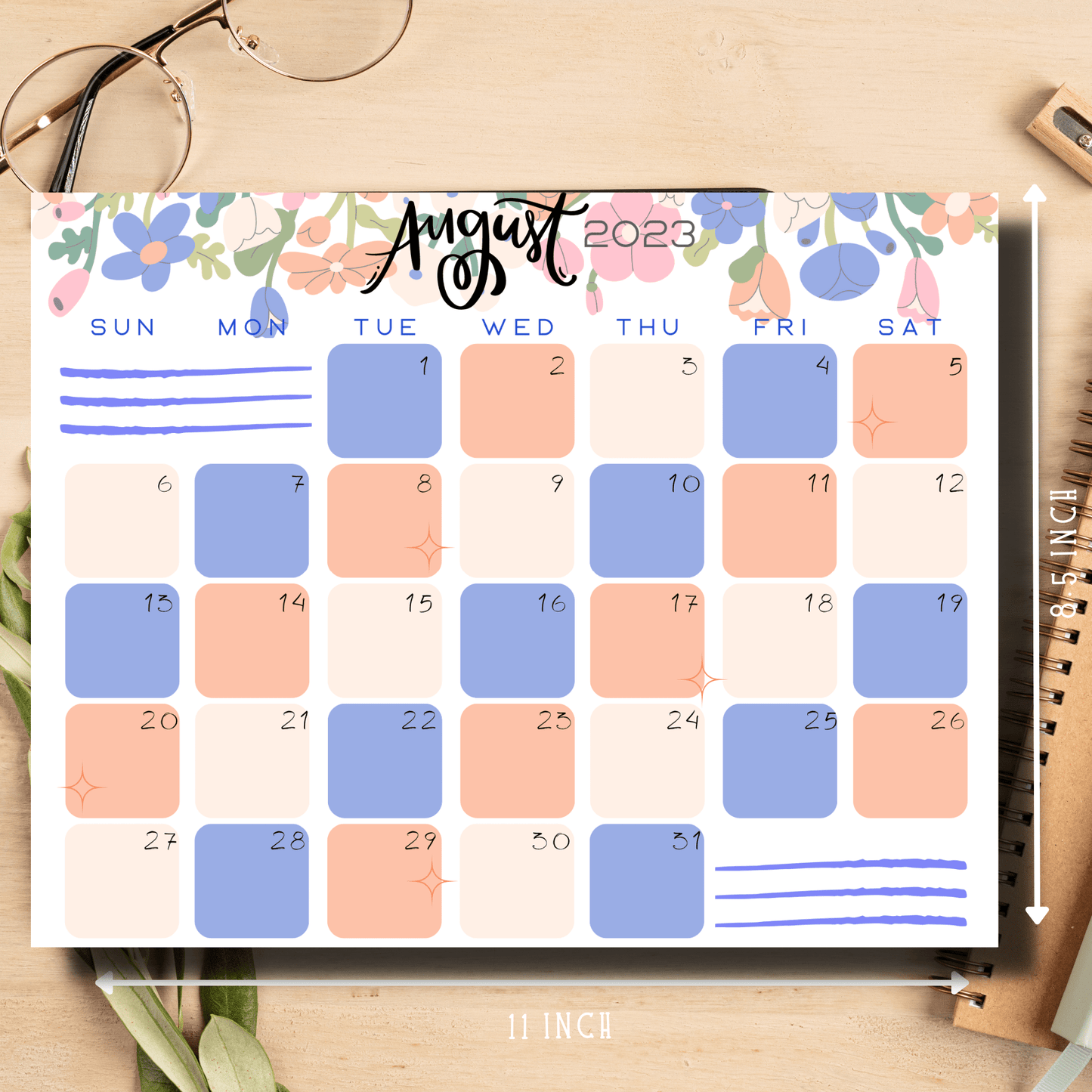 Detailed and dated August 2023 calendar with elegant floral motifs, ideal for letter-sized landscape printing.