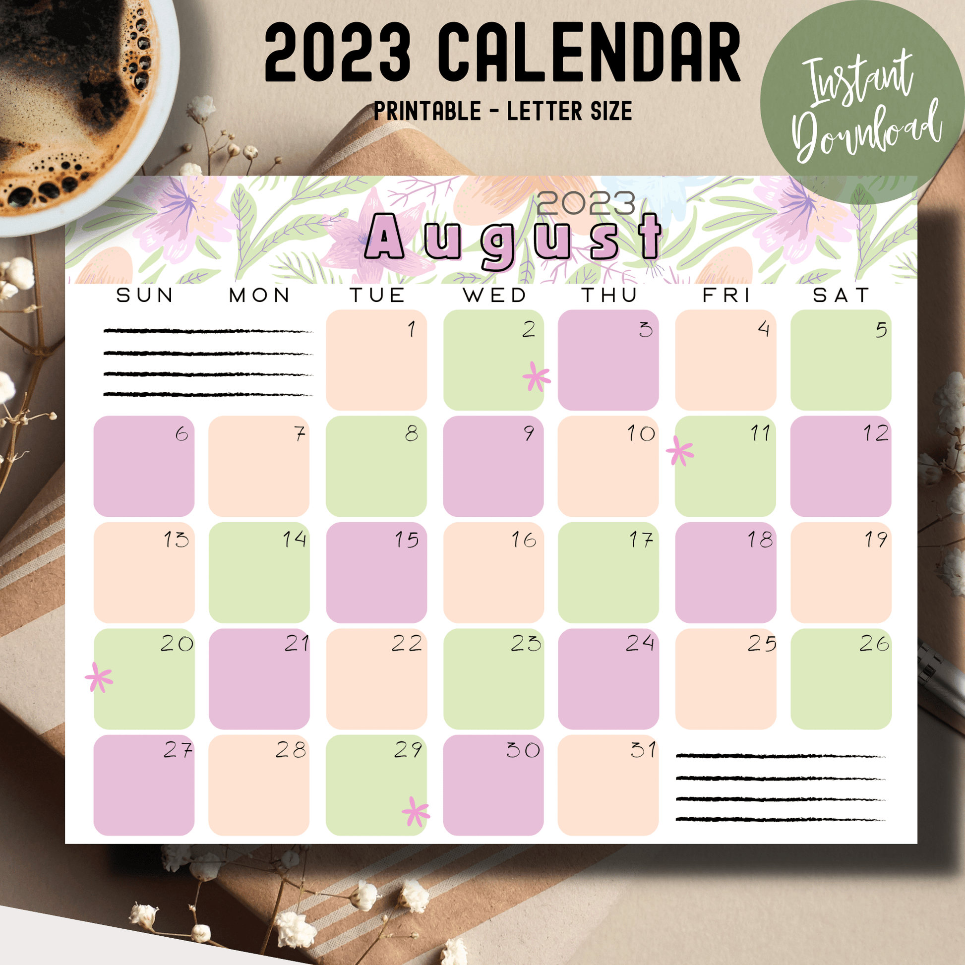 PrintED August 2023 calendar featuring retro floral patterns, tailored for kids' school schedules and activities.