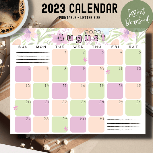 PrintED August 2023 calendar featuring retro floral patterns, tailored for kids' school schedules and activities.