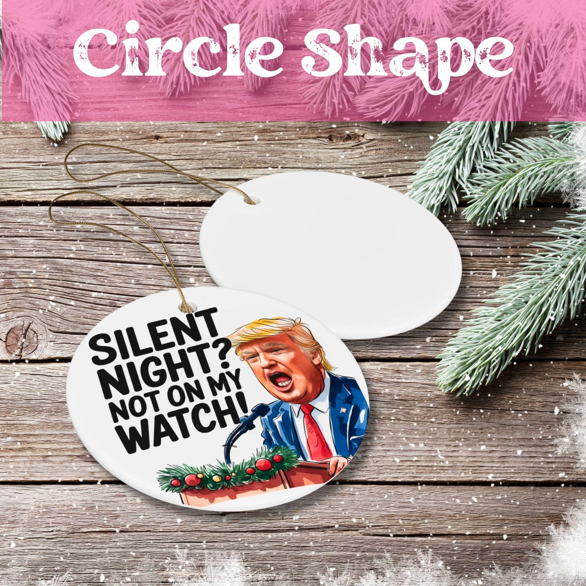 White ceramic circle ornament featuring presidential figure at podium with holiday garland, humorous holiday carol parody text, displayed on rustic wood background.