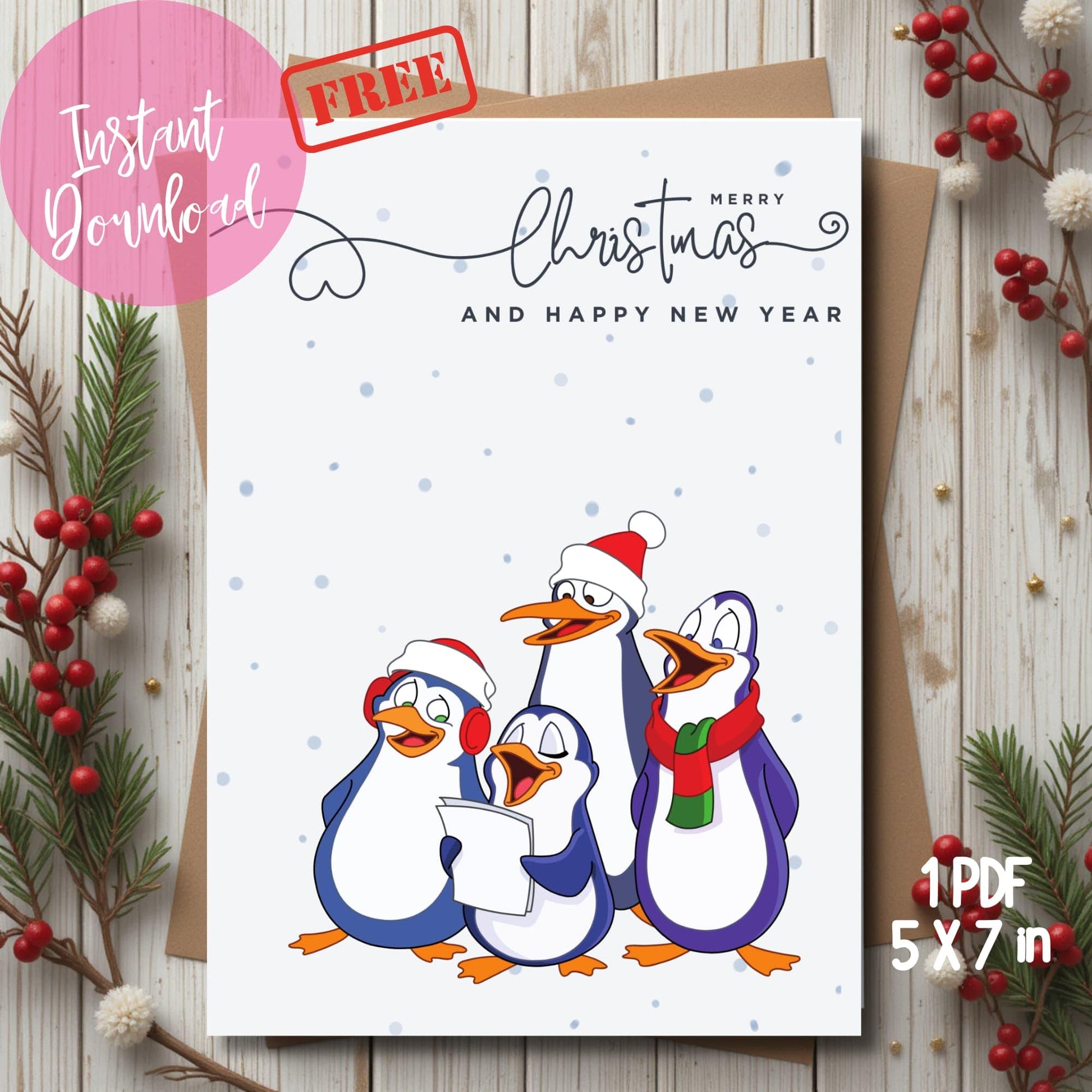 Printable Christmas card with cute penguin choir in winter accessories, modern calligraphy greeting, displayed on rustic wood background with red berries and pine branches, 5x7 instant download